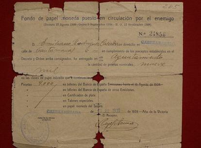 Recibo del dinero requisado al padre de Roberto Rodríguez (9.000 pesetas) en 1939, "Año de la Victoria".
