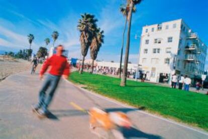 Ciclistas y patinadores en el paseo marítimo de Venice Beach (Los Ángeles).