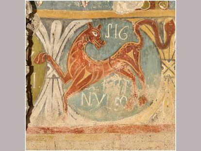 El león es la figura de animal que representa el signo del zodiaco de Leo, de este bestiario que aparece en las pinturas del ábside de la iglesia de Ourjout de Les Bordes-sur-Lez, al sur de Francia.