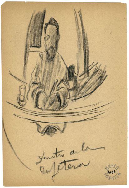 Dibuja todo lo que ve, hasta a él mismo reflejado en una cafetera, en la mano: un lápiz; al pie del dibujo, un texto: "Dentro de la cafetera".