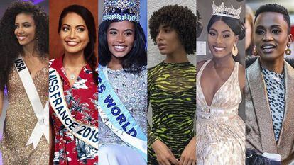 De izquierda a derecha, Cheslie Kryst (Miss EE UU), Vaimalama Chaves (Miss Francia), Toni Ann Singh (Miss Mundo), Kaliegh Garris (Miss Teen USA), Nia Franklin (Miss América) y Zozibini Tunzi (Miss Universo). 