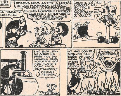 Algunas de las viñetas en las que se muestra la crueldad que Don Pantuflo usaba cuando castigaba a sus hijos, Zipi y Zape.