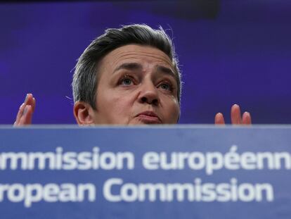 FILE PHOTO: European Commission Vice President Margrethe Vestager speaks during a news conference in Brussels, Belgium February 1, 2023. REUTERS/Yves Herman/File Photo