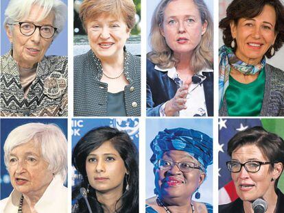 La presidenta del BCE, Christine Lagarde, la directora general del FMI, Kristalina Gueorguieva, la ministra de Economía, Nadia Calviño, la presidenta del Banco Santander, Ana Botín, la secretaria del Tesoro de EE UU, Janet Yellen, la economista jefe del FMI, Gita Gopinath, la directora general de la OMC, Ngozi Okonjo-Iweala, y la presidenta de Citigroup, Jane Fraser.
