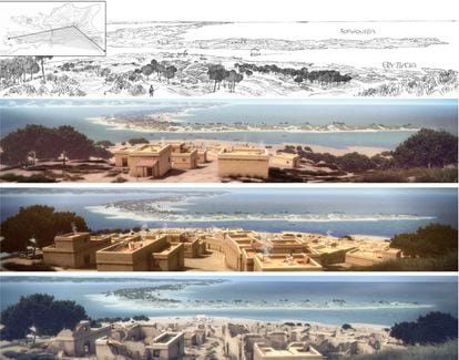 Recreaciones dirigidas por el arqueólogo José Gener de cómo era Cádiz durante el siglo VII antes de Cristo, dividida en dos islas.