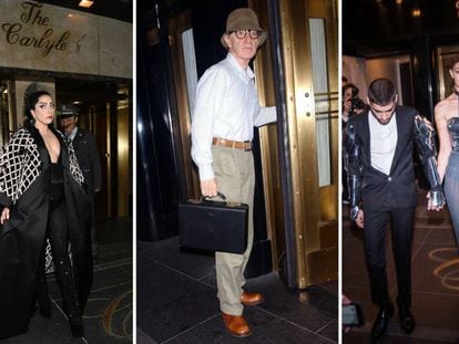 Lady Gaga (2015), Woody Allen (2007) y Gigi Hadid y Zayn Malik (2016) a las puertas del hotel Carlyle.