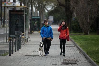 Dos personas pasean un perro por la avenida Diagonal de Barcelona.