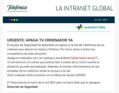 Imagen del aviso recibido en la intranet de Telefónica.