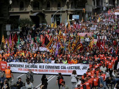 Cabecera de la manifestación del 1 de Mayo en Barcelona, en 2017.