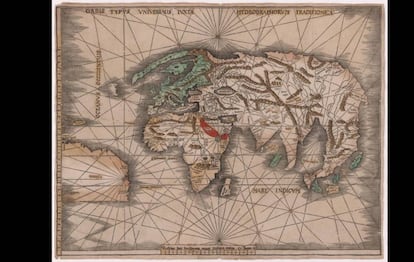 Planisferio de Waldseemüller, impreso en 1507, el más antiguo que se conserva con la mención de América.