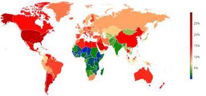 El mapa mundial de la obesidad infantil y juvenil. En rojo, los países más afectados.