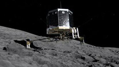 Ilustraci&oacute;n del m&oacute;dulo de descenso Philae (de la misi&oacute;n espacial Rosetta), en la superficie del cometa 67P/Churyumov-Gerasimenko.  