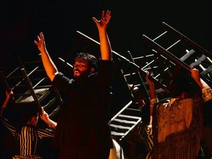 El Ballet Flamenco de Andaluc&iacute;a, durante el espect&aacute;culo &#039;Aquel Silverio&#039;, ayer martes en el Festival del Cante de las Minas en La Uni&oacute;n.