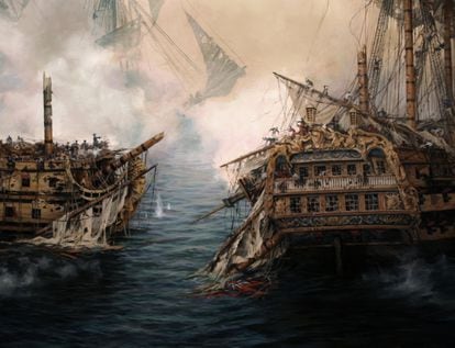 Detalle de 'El último combate del 'Glorioso', con el barco español a la izquierda, obra de Ferrer-Dalmau.