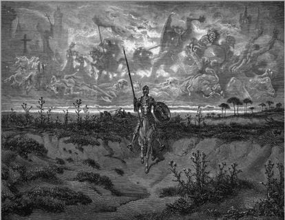 Don Quijote, en uno de los grabados de Gustave Doré.