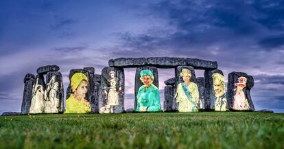 A projection of images of Elizabeth II, each for a decade of her reign, on the stones of Stonehenge.