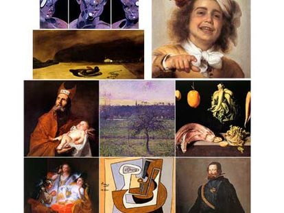 De izquierda a derecha, y de arriba abajo, obras en manos de coleccionistas privados españoles: <b><i>Tres estudios para un retrato de Peter Beard, </b></i>de Francis Bacon, y <b><i>Niño sonriendo, </b></i>de Murillo (ambos propiedad
de Juan Abelló); <b><i>San Simeón con el niño, </b></i>de Ribera (Plácido Arango);<b><i> </b></i><b><i>El paisaje de Eragny, </b></i>de Pisarro (Esther Koplow<b>itz); un retrato del conde-duque de Olivares, </b>de Velázquez (José Luis Várez); <b><i>Violetas imperiales, </b></i>de Dalí (Plácido Arango);<b><i> Personaje con guitarra, </b></i>de Picasso (José María Catá); <b><i>Bodegón con frutas y vegetales, </b></i>de Sánchez Cotán (José Luis Várez), y <b><i>Hércules y Omfale, </b></i>de Goya (Alicia Koplowitz).