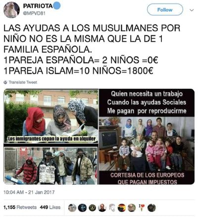 Un tuit con contenido falso e islamófobo difundido por la red de bots afín a Vox