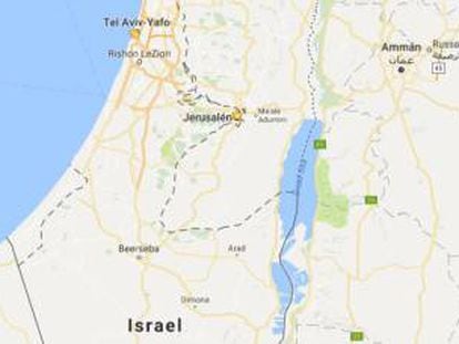 Captura d'imatge d'Israel i els territoris palestins. Google no mostra cap denominació per a Cisjordània ni per a Gaza.