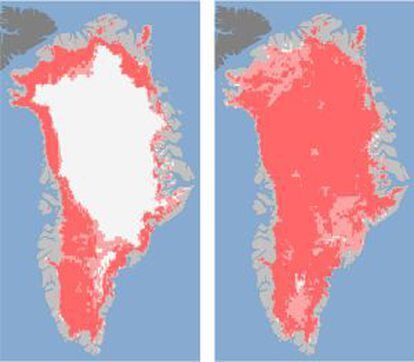 A la izquierda, Groenlandia el 8 de julio. A la derecha, cuatro d&iacute;as despu&eacute;s.