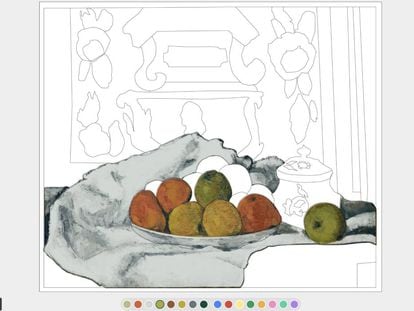 Art Coloring Book es uno de los juegos 'online' que Google propone para conocer mejor la obra de los artistas contenida en las más de 2.000 instituciones culturales de 80 países con las que colabora Google. EN la imagen, uno de los famosos fruteros de Cezanne. |