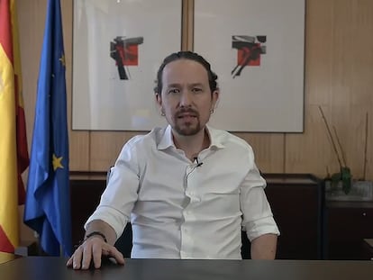 Captura de vídeo publicado hoy lunes en Twitter, del vicepresidente segundo del Gobierno español y líder del partido de izquierda Podemos, Pablo Iglesias, que anunció este lunes que deja el Gobierno para presentarse a las elecciones de la Comunidad de Madrid del próximo 4 de mayo.