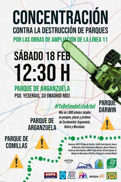 Cartel de protesta por la tala de árboles en los parques de Madrid Río y de Comillas.