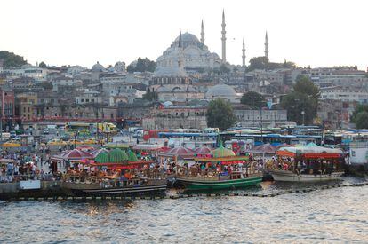 Barges where 'Balik ekmek' (fish sandwich) is prepared on the banks of the Golden Horn