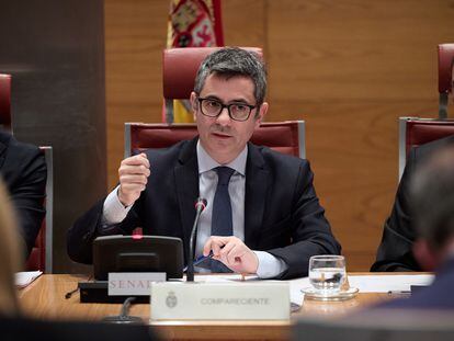 El ministro de la Presidencia, Justicia y Relaciones con las Cortes, Félix Bolaños, durante su comparecencia en el Senado, este martes.