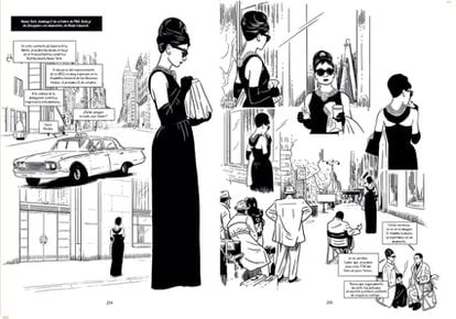 Doble página del cómic 'Audrey Hepburn', de Eileen Hofer y Christopher.
