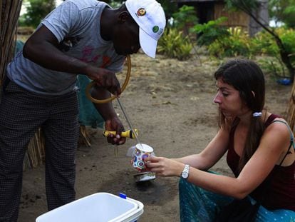 Celso Munguambe y Lucía Fernández trabajando en la captura de mosquitos vivos.