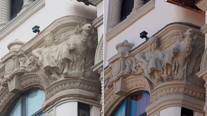 A la izquierda, la pastorcilla tras su grotesca reparación por un desprendimiento en 2017. A la derecha, vista actual del altorrelieve tras su restauración.