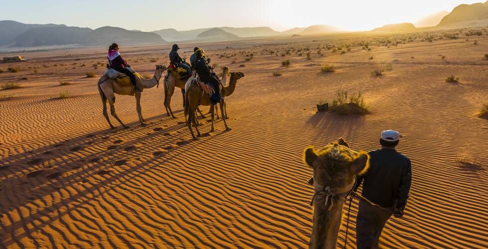 Turistas en una ruta guiada en camello en el desierto de Wadi Rum, en Jordiania.