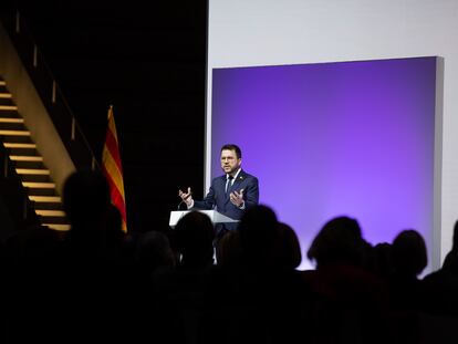 El presidente de la Generalitat, Pere Aragonès, durante la conferencia en el Museo Nacional d’Art de Catalunya (MNAC).