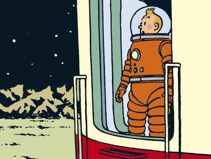 Ilustración de Georges Remi, Hergé, para el álbum Aterrizaje en la Luna, de 1952.