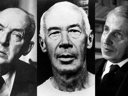 De izquierda a derecha, los escritores Vlad&iacute;mir Nabokov, Henry Miller y Georges Bataille.