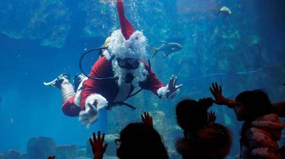 Niños que visitaban el Aquarium de París saludan a un buzo disfrazado de Papá Noel.