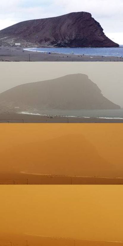 Arriba, vista de La Tejita, en el sur de Tenerife, un día normal. Debajo, distintas secuencias el episodio de calima.