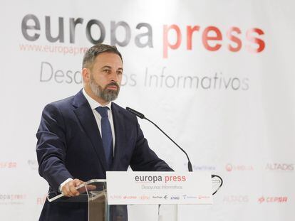 El presidente de Vox, Santiago Abascal, este martes, durante el desayuno informativo de Europa Press en un hotel de Madrid.