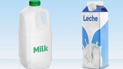 Un botella de plástico, formato en el que se comercializa la leche en el Reino Unido, y un brik.