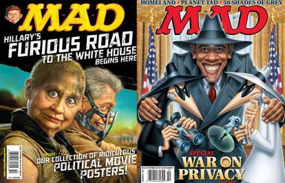 Mark Fredrickson, dibujante y artista cuyo trabajo ha aparecido en las principales publicaciones estadounidenses ('Sports Illustrated', 'Business Week', 'Time Magazine'...), es uno de los dibujantes estrella de la 'Mad' en la última etapa y autor de estas dos portadas, en las que la política se convierte en una guerra animada en la que todo vale. A la izquierda, Hillary y Bill Clinton, a la derecha, Obama con 'Spy vs Spy', de Antonio Pohias (habituales de la revista).