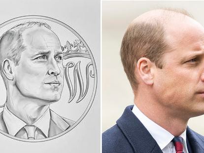 La moneda conmemorativa por los 40 años de Guillermo de Inglaterra, duque de Cambridge, junto a una imagen suya.