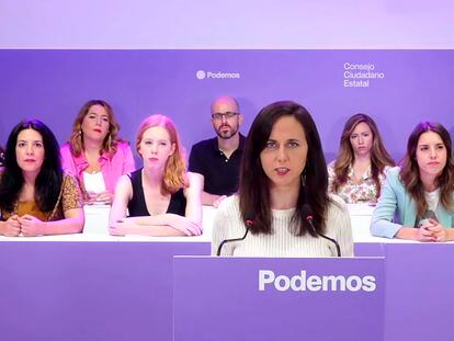 La secretaria general de Podemos, Ione Belarra, durante su intervención en el Consejo Ciudadano Estatal de la formación.