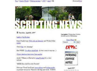 Captura de pantalla de la entrada del 1 de abril de 1997 de Scripting News. Se le atribuye el mérito de ser el primer post en un blog de la historia.