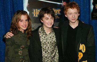 Emma Watson, Daniel Radcliffe i Rupert Grint en una de les estrenes de la saga Harry Potter, el 2002 a Nova York.