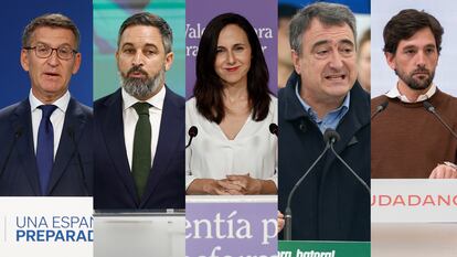 El líder del Partido Popular, Alberto Núñez Feijóo; el líder de Vox, Santiago Abascal; la líder de Podemos, Ione Belarra; el portavoz del PNV en el Congreso, Aitor Esteban, y el secretario general de Ciudadanos, Adrián Vázquez.