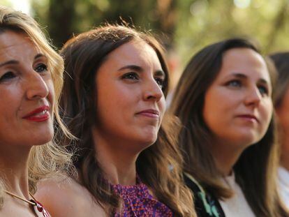 Desde la izquierda, Yolanda Díaz, Irene Montero y Ione Belarra, en un acto sobre el Día del Orgullo, en junio de 2022 en Madrid.