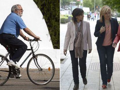 Miguel Arias Cañete monta en bicicleta en la jornada de reflexión, mientras Elena Valenciano pasea con sus hermanas.