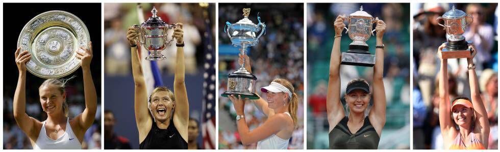 Sharapova posa con los trofeos de Wimbledon, US Open, Open de Australia y Roland Garros.