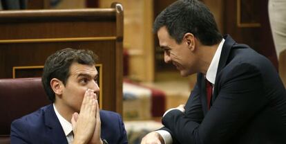 El secretario general del PSOE, Pedro S&aacute;nchez (d), conversa con el l&iacute;der de Ciudadanos, Albert Rivera, durante la constituci&oacute;n de las Cortes Generales el pasado 13 de enero.